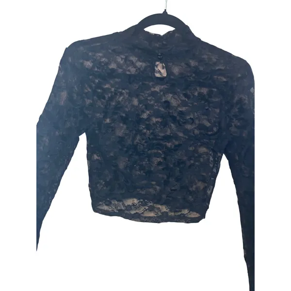 Womens Lace Crop Top Small Black Bell Sleeve Mock Neck Goth Whimsigoth‎ Festival - Image 6