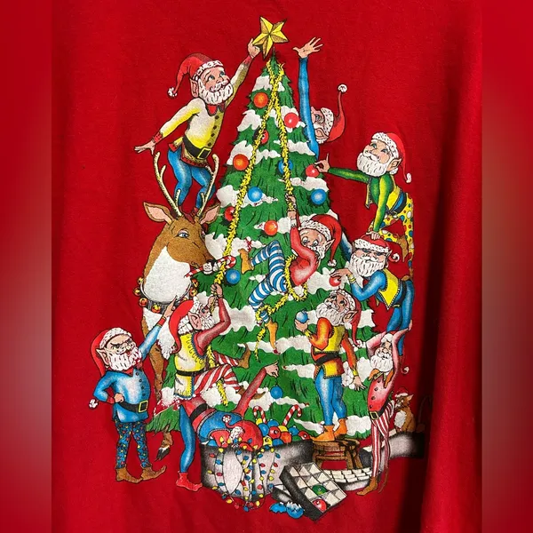 Fruit of the Loom Vintage Christmas T-Shirt Size XL Long Sleeve Santa Graphic Print Red USA - Image 2