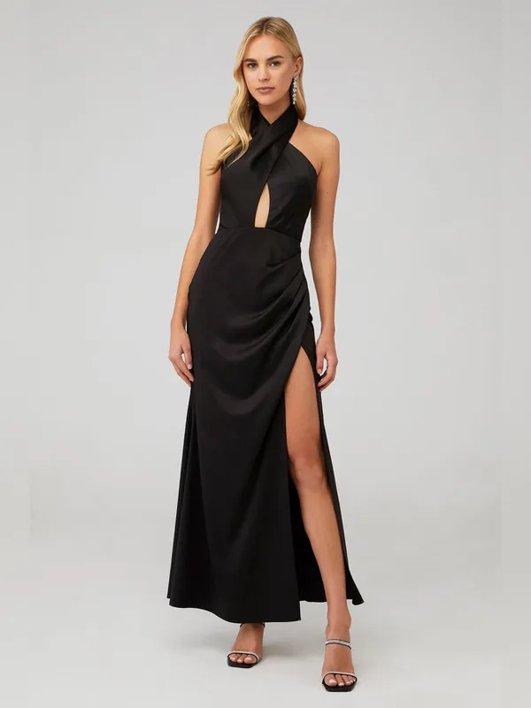 ELLIATT Brynn Black Satin Halter Cutout Maxi Gown Womens XS EUC - Image 2