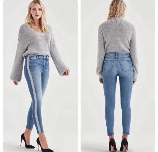 7 for All Mankind High Waist Skinny Jeans Silver Stripe Size 25 - Image 2