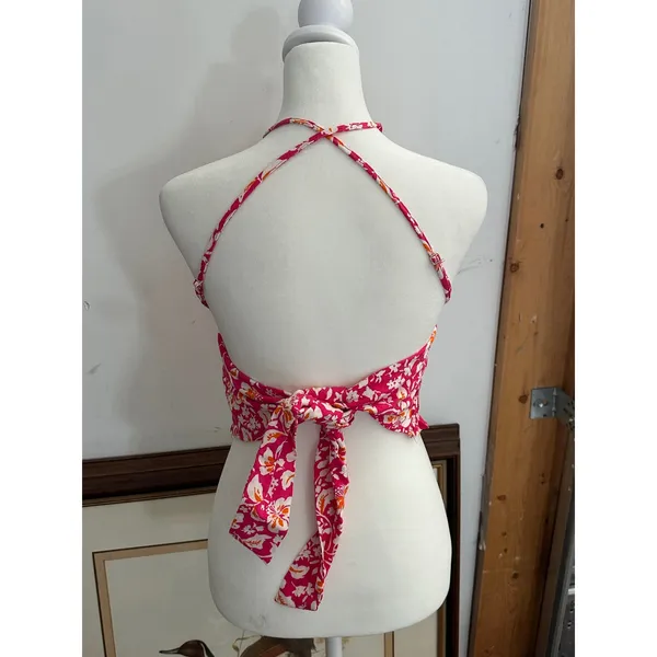 Zara Pink Floral Smocked Halter Crop Top Beaded Neck Tie Back XS - Image 4
