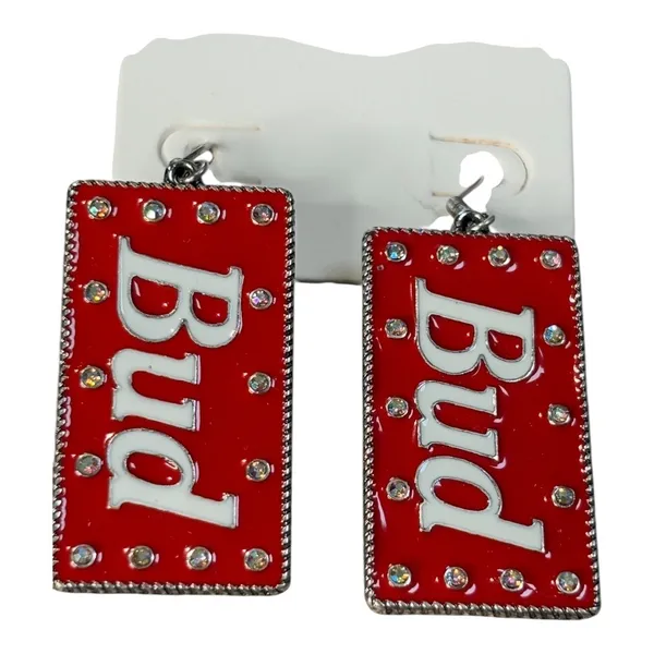 Budweiser Bud Beer Drop Earrings Womens OS Red Rhinestone Enamel Retro Statement - Image 2