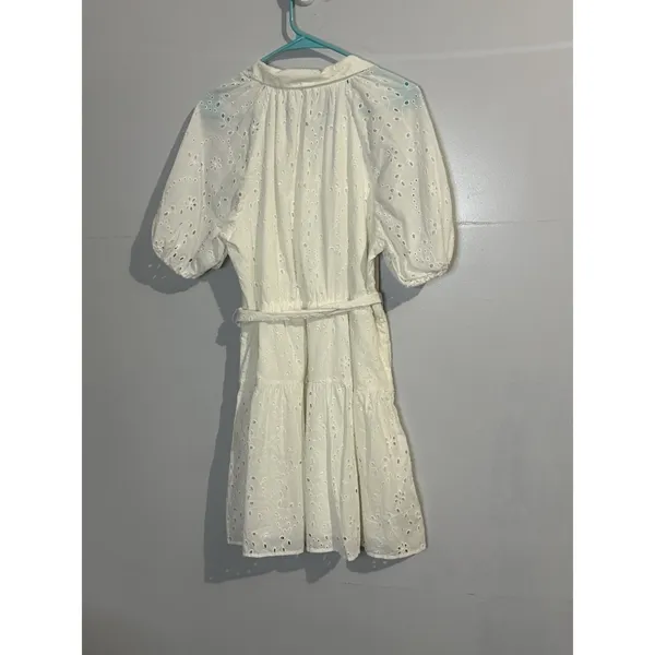 A New Day Size L 100% Cotton‎ Eyelet Puffed Balloon Sleeves Belted Lined Dress - Image 3