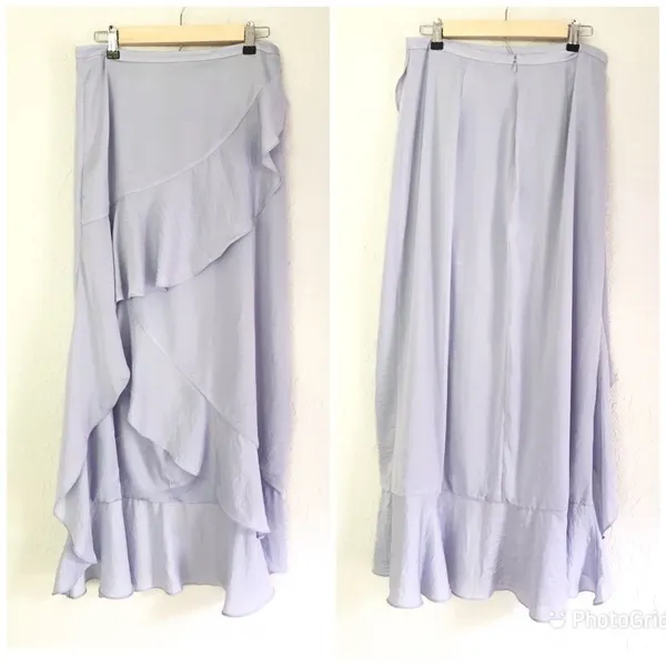 THE JETSET DIARIES‎ Purple Satin Midi Skirt Draped Ruffle Thigh Slit Large New - Image 3