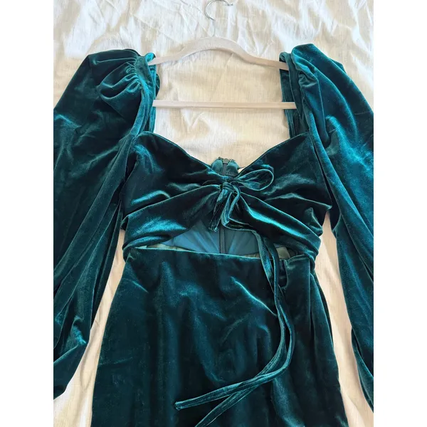 House of CB Abigail Emerald Velvet Mini Dress Womens S Teal Green Cutout Front - Image 4
