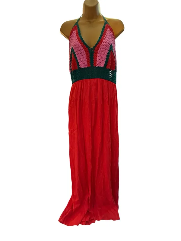 Gianni Bini Crochet Halter Maxi Dress Open Back Red Pink Colorblock Boho XL - Image 2