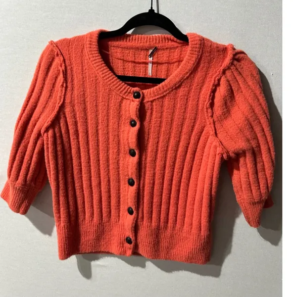 Free People Sloane Women's Coral Ribbed‎ Puff Sleeve Cropped Cardigan Top - Image 3