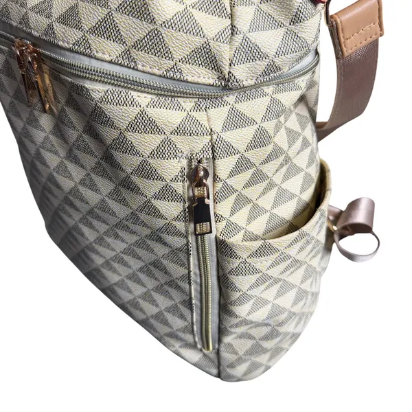 Geometric Print Convertible Backpack Bag Travel Tote Cream Taupe - Image 10