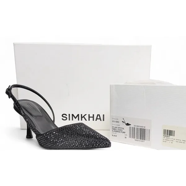 Black Crystal Slingback Kitten Heel Pointed Toe Dainty Glam Minimalist, sz 6 NEW - Image 2