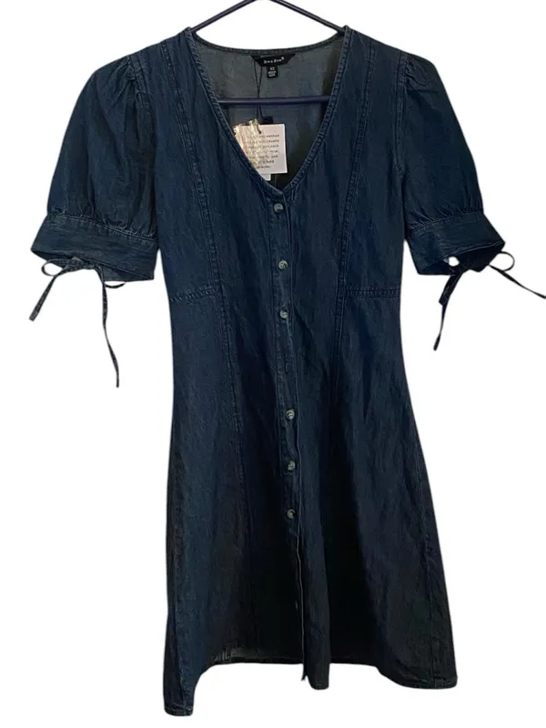 Sim & Sam Short puff Sleeve w/ Bows Button-Front Denim Dress coquette western - Image 3