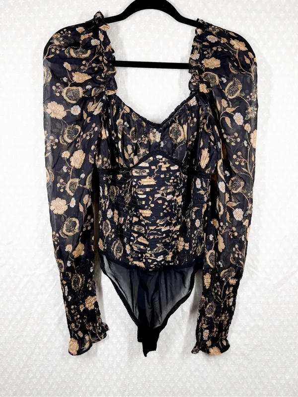Free People Brown Black Floral Brunch Date Puff Sleeve‎ Bodysuit - Image 2