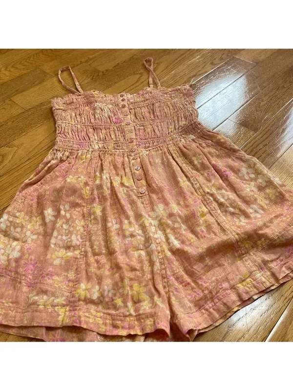 Free People FP One Sammi Shorts Romper 100% Cotton Floral print Orange boho Sz M - Image 4