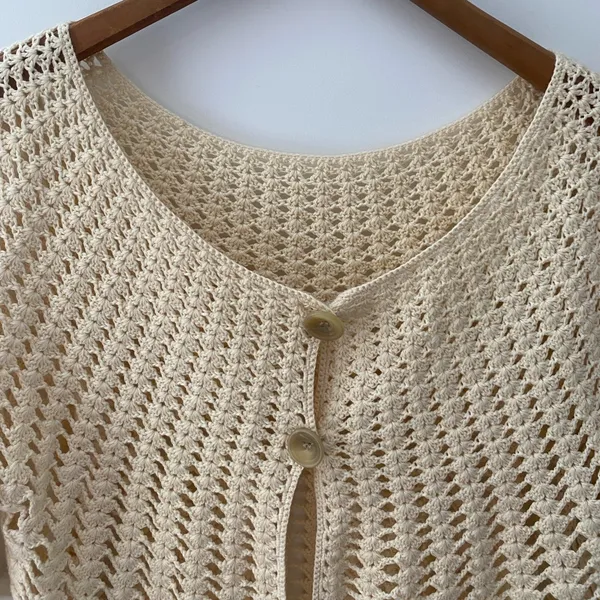 Vintage Crochet Open Knit Cardigan Sweater Medium Cream Ivory Button Up Handknit - Image 3