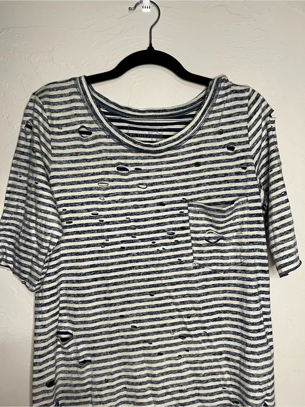 We The Free People Tommy Destroyed Blue White Striped Grunge Edgy Tshirt‎ - Image 3