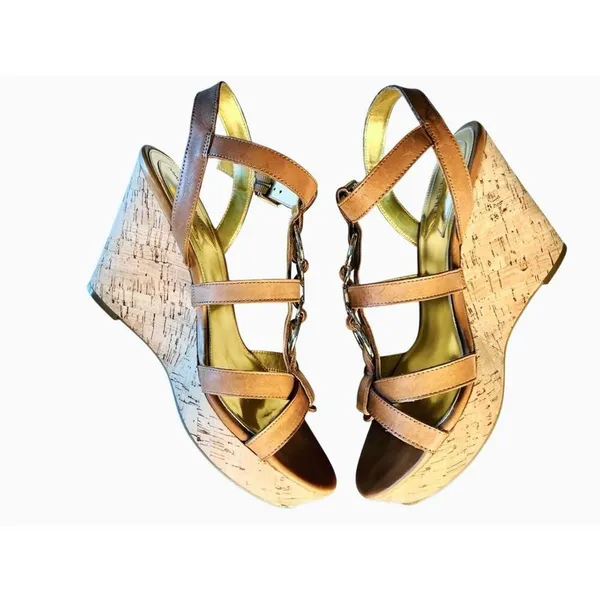 Marc Fisher Genny Brown‎ Leather Strappy Wedge Sandals Gold Metallic Details 10M - Image 2