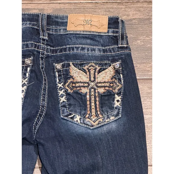 Miss Me Mid-Rise Bootcut Jeans Dark Wash Embellished Cross Wings Y2K BKE 25x28 - Image 11