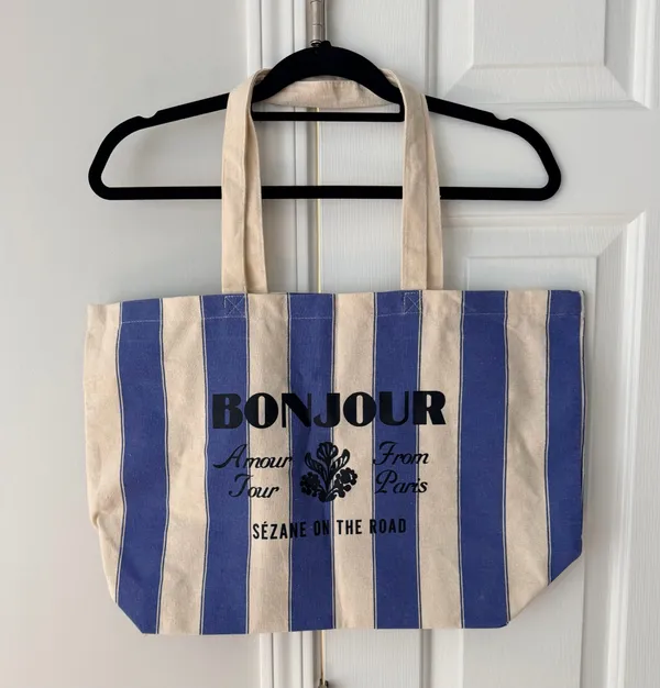 Sézane Blue Stripe Bonjour Amour Tour From Paris Canvas Tote - Image 2