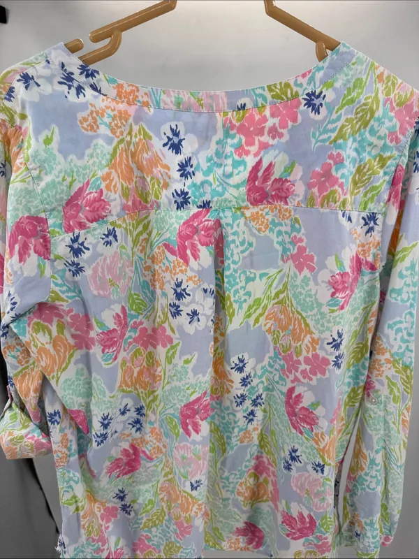 J. Jill Floral Watercolor Tunic in Blue, Pink, Green cotton roll tab sleeves M - Image 3