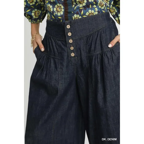 Umgee Stone Washed Wide-Leg Button-Front Culottes -‎ Large - Image 4