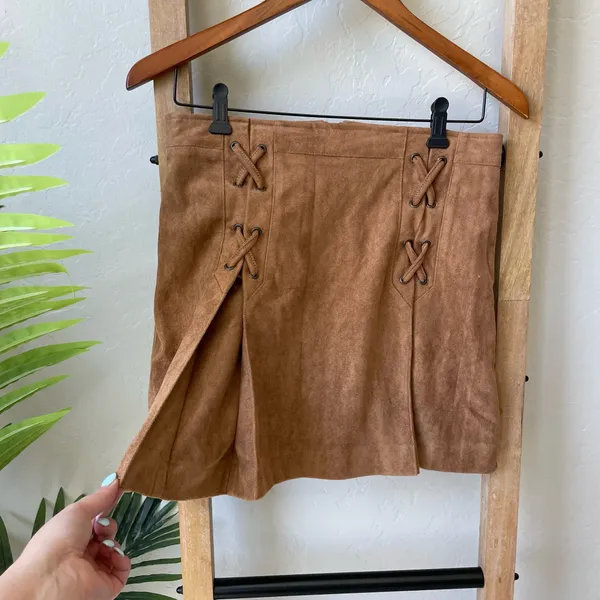 She + Sky Tan Suede-Look Lace-Up Mini Skirt - Image 2