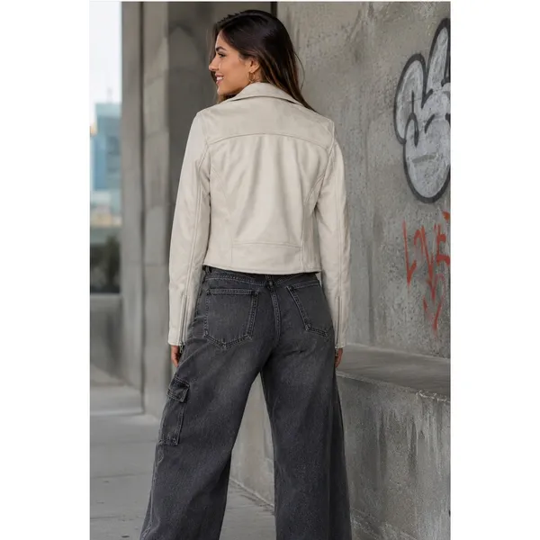 NWT!! ABERCROMBIE & FITCH Vegan Suede Moto Jacket Vegan Cropped Pale Gray Medium - Image 7