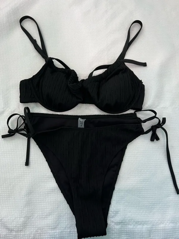 Textured Black High Waisted Bikini Strappy Cheeky Size XL - Image 2