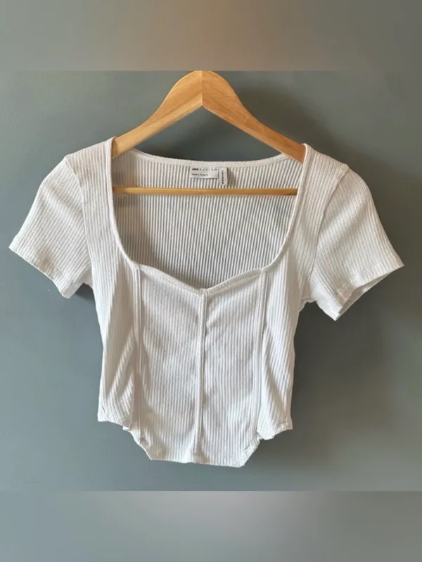 ASOS white ribbed short sleeve corset sweetheart neckline top - Image 3