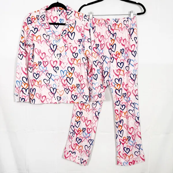 BedHead Pajamas Hearts Organic Cotton Two (2) Piece Pajama PJ Set Pink - Image 3