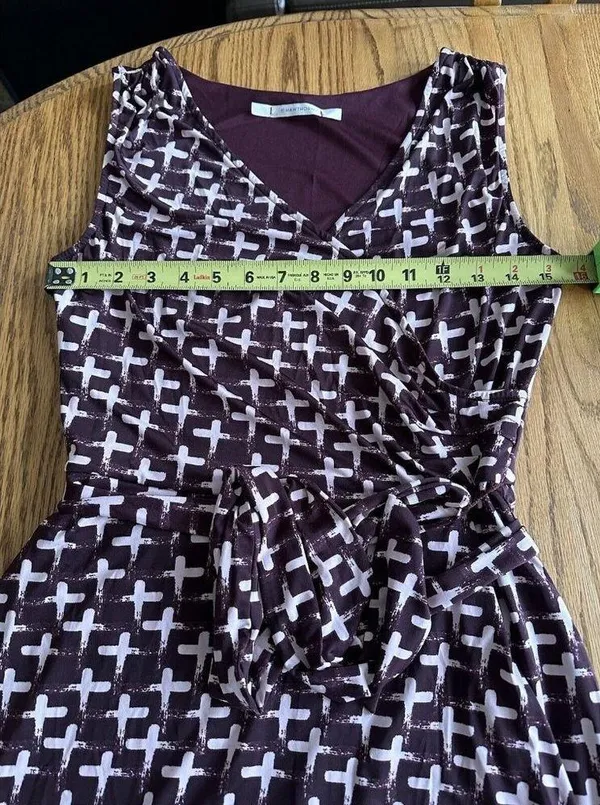 Women’s ShortSleeve Geometric Print Faux Wrap Stretch Dress Size Small Maroon - Image 10