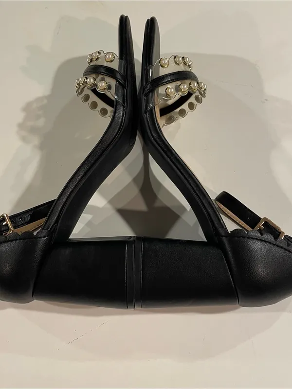 Comfort Sandals Black Faux Leather Pearl Embellished Block Heel Women’s 9W - Image 5