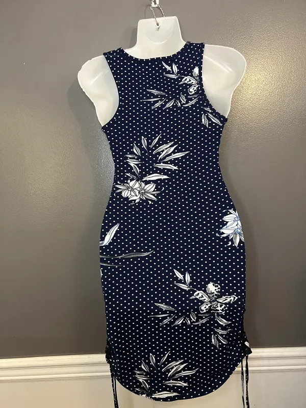 Love Dress Womens Medium Blue Polka Dot Floral Ruched Bodycon Tank Mini - Image 7