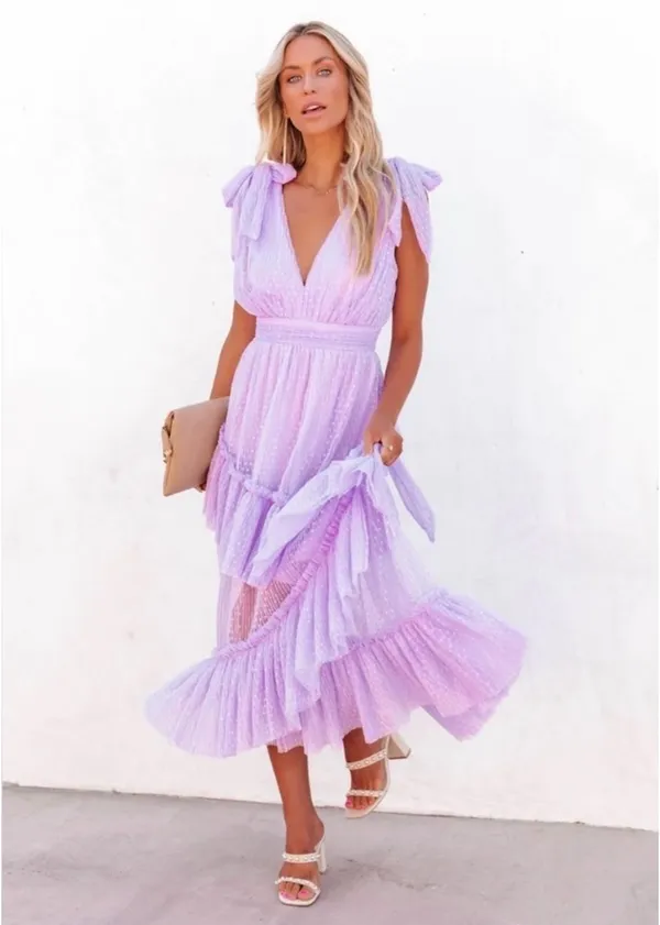Vici Asymmetric Skirt Tie Strap Polka Dot Tie Back Detail Midi Dress Lavender Purple - Image 2