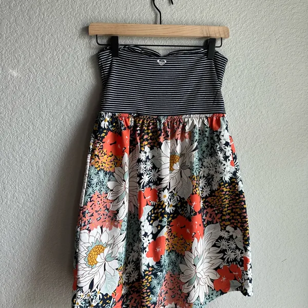 💙Roxy Navy Blue and Orange Colorful Floral Strapless Tube Dress - Image 2