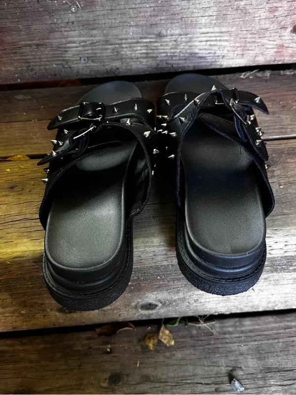 Black Studded Double-Buckle Slide Sandals for Women - Image 2