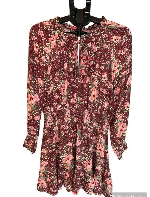 Aerie burgundy floral mini dress, gathered waist & cuffs, size L - Image 3