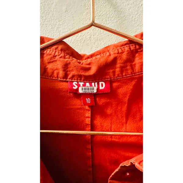 STAUD Red Cotton Blend Collared Neckline Front Button Closure Short Sleeve Dress - Image 7