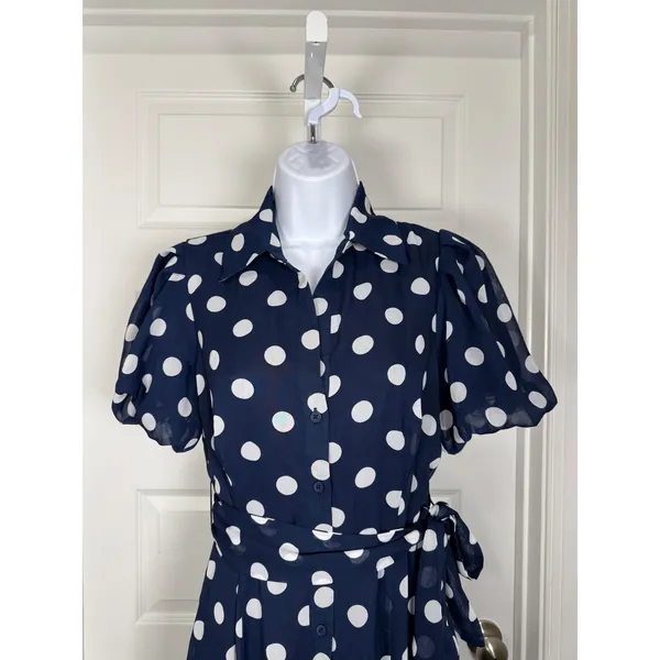 Studio One‎ Navy Polka Dot Midi Dress Tie Waist Button Front S Parisian Coquette - Image 2