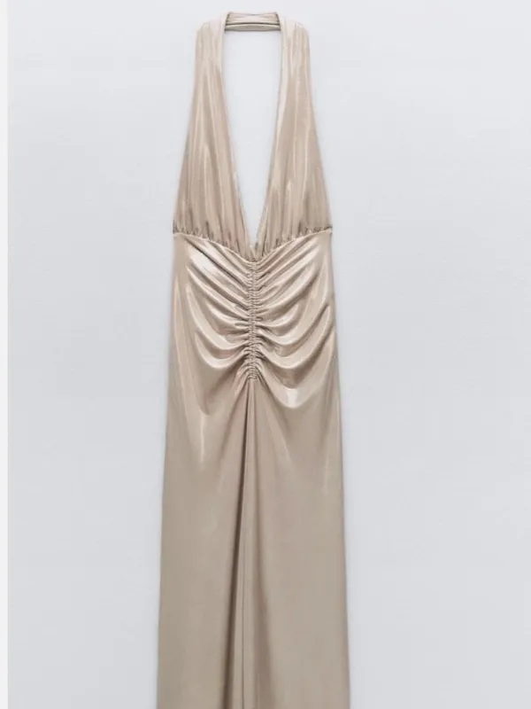 Zara Metallic Ruched Halter Shimmer Midi to Maxi Formal Dress Cava Soft Gold XS - Image 4