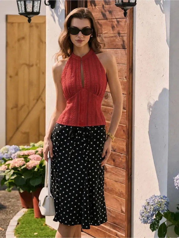 Rihoas Red Mandarin Collar Button Tank Top Size XS - Image 3