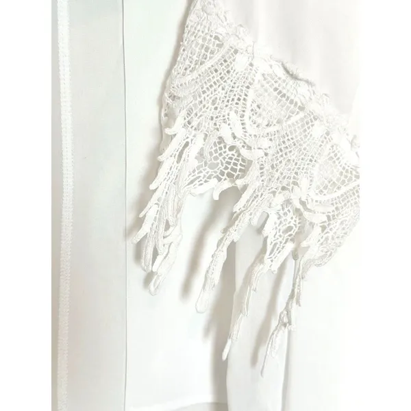 Anthropologie Ivory Sheer Kimono Cardigan Size L Crochet Lace Sleeve Fringe Boho - Image 4