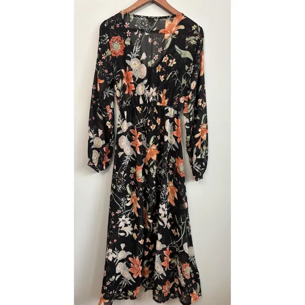 Bellambra Black Floral Sheer Maxi Dress Sz L Button‎ Front V Neck Made in Italy - Image 8
