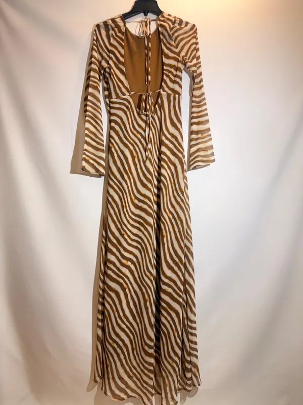 Ownley Valentina Brown Zebra Animal Print Open Back Long Sleeve Maxi Dress M - Image 3