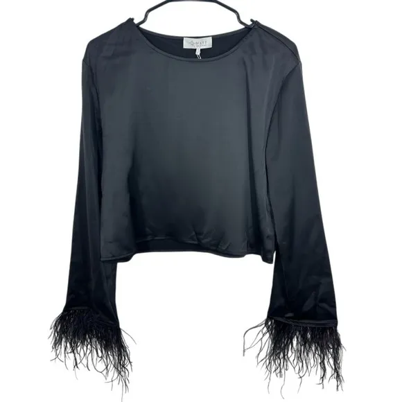 WAYF Black Satin Feather Trim Long Sleeve Crop Top Women's Size‎ S NWT Shopbop - Image 3