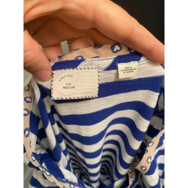 Anthropologie Postmark Blue White Striped Mixed Media Pocket Tee Ruched Sleeve - Image 6