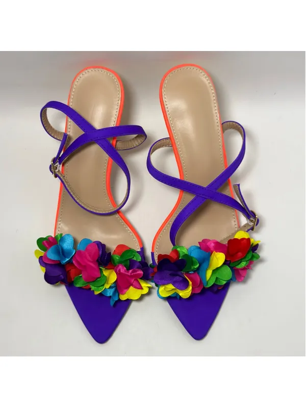 Rainbow 3D Flower Pointed Toe Floral Ankle Strap Heel Sandals Purple Size 39 - Image 5
