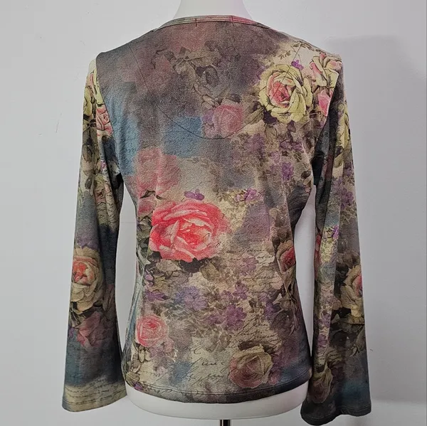 Vintage Xcit USA 90s Blue Mult Floral Mesh Vneck Bell Sleeve Blouse Size Medium - Image 4