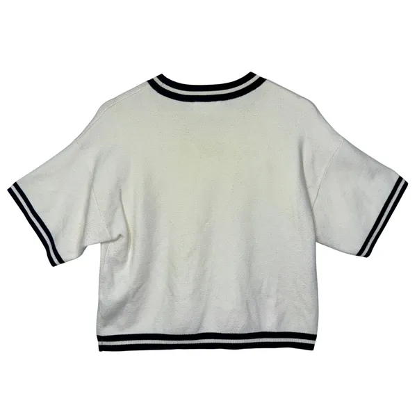 Abercrombie & Fitch Cream Striped Knit Cropped Varsity Short Sleeve Sweater Sz M - Image 2