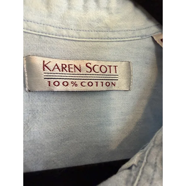 Karen Scott Button Down Shirt Blue M Women Christmas Dogs Embroidered Chambray - Image 7