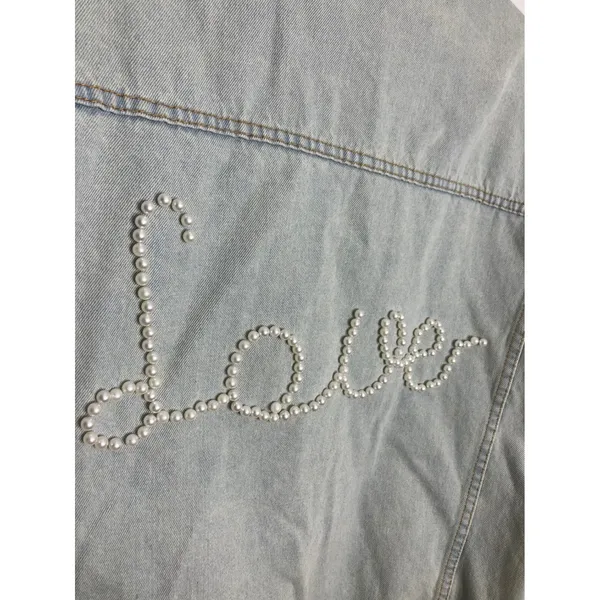 POL Denim Jacket Womens Medium Light Blue Excellent Pearl Love Embellished TWJ19 - Image 7