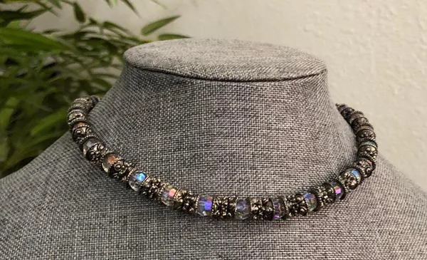 Y2K RARE Silver tone iridescent beaded glass resin gemstone choker necklace #fairy #grunge #subversive #whimsygoth #gothic festival jewel - Image 2